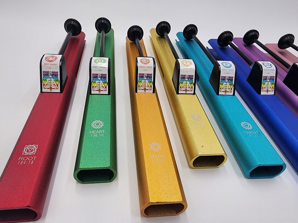 Harmonize Your Energy: The Complete Set of 8 Chakra Self Knock Pipes with Encased Die Cast Metal Container