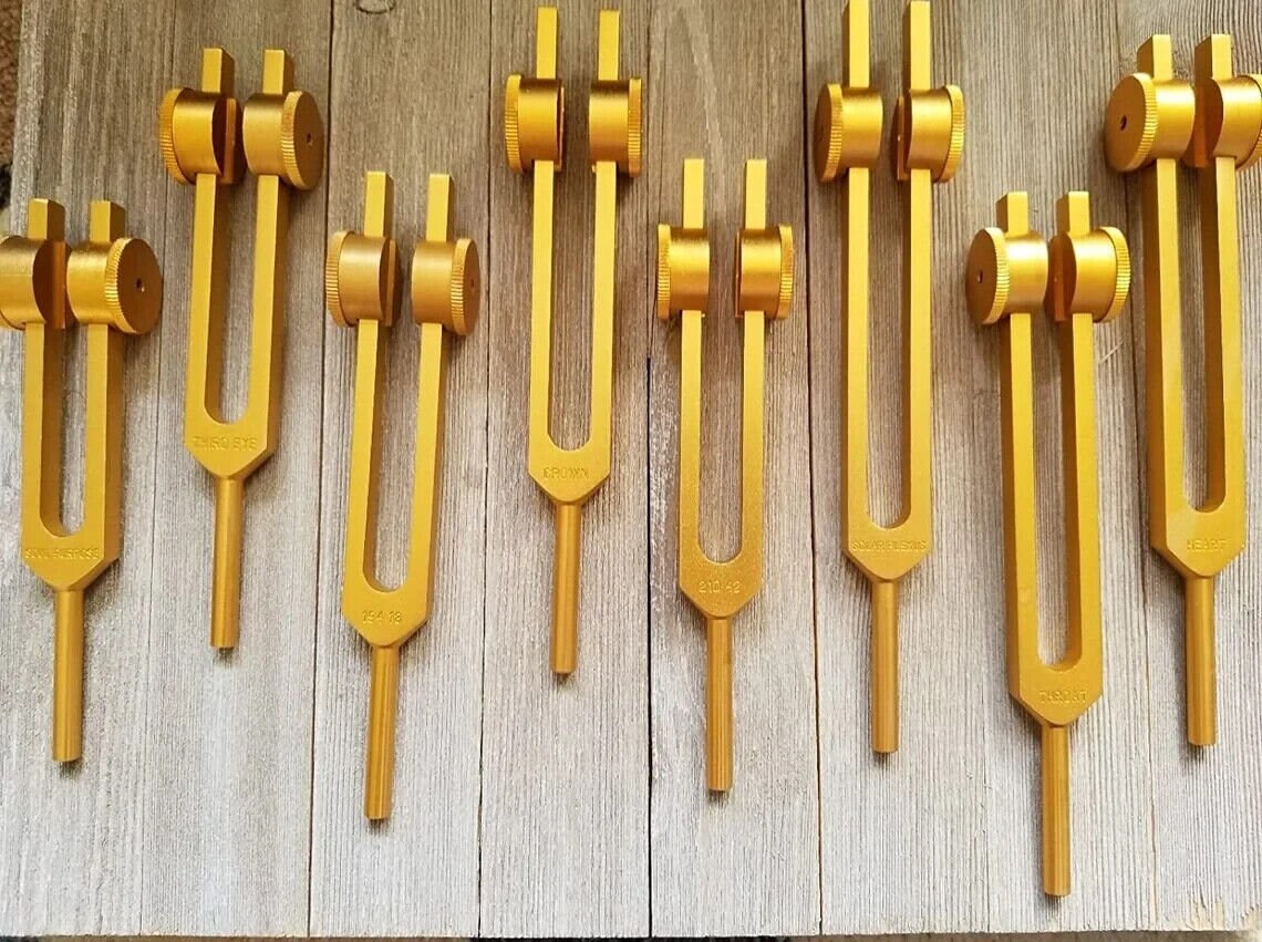 8pc Gold Chakra Weighted Tuning Fork Therapy Energy Healing with Striker and Velvet Bag - Thecosmicaccess