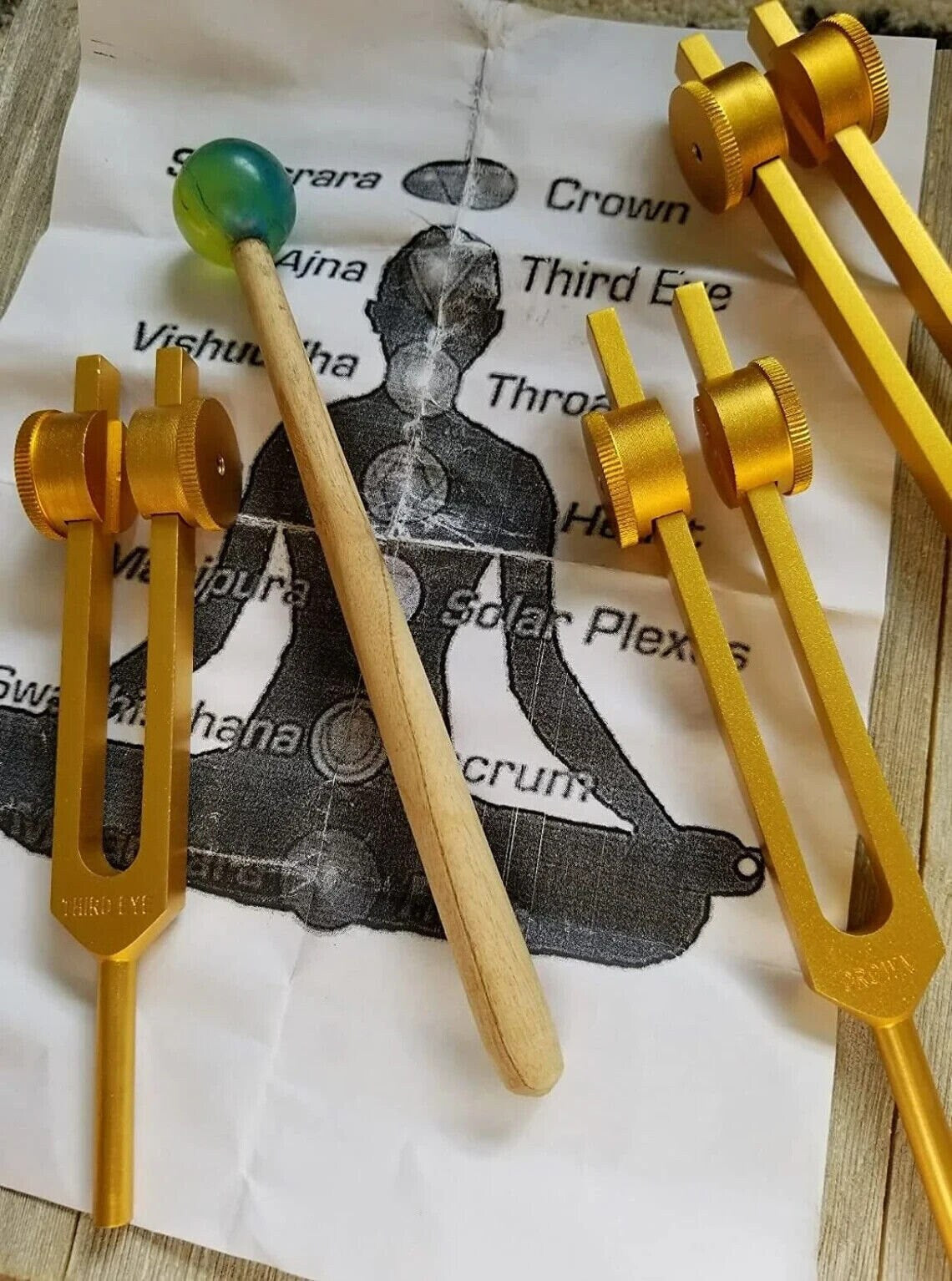 8pc Gold Chakra Weighted Tuning Fork Therapy Energy Healing with Striker and Velvet Bag - Thecosmicaccess
