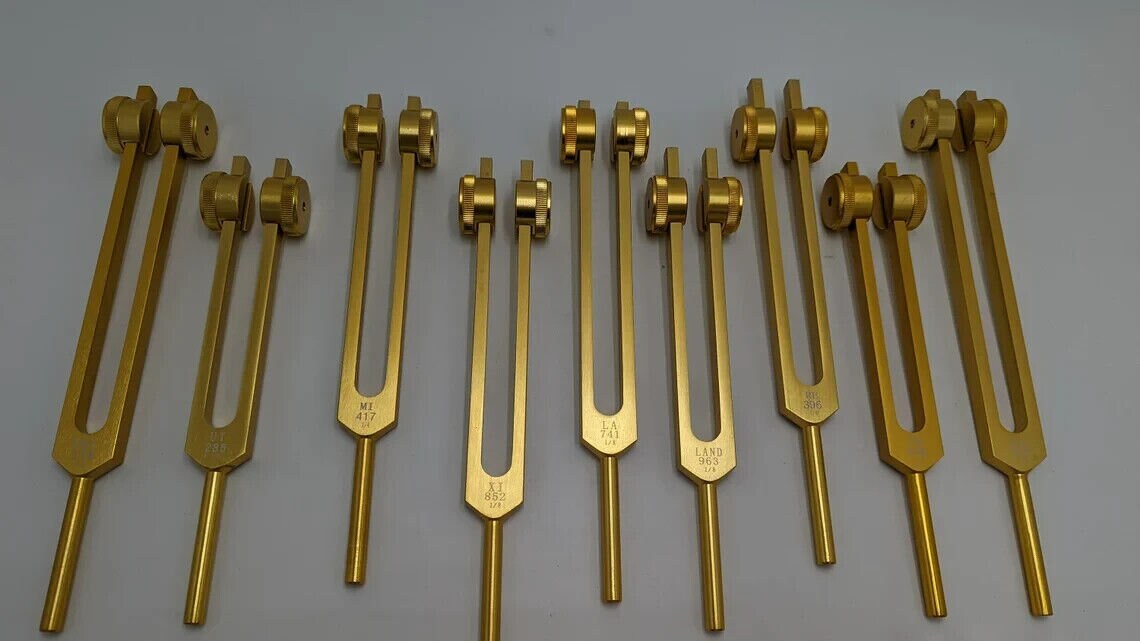 9 Solfeggio and 9 Chakra Gold Weighted Tuning Fork Set Tuned .25Hz SOUND HEALING - Thecosmicaccess