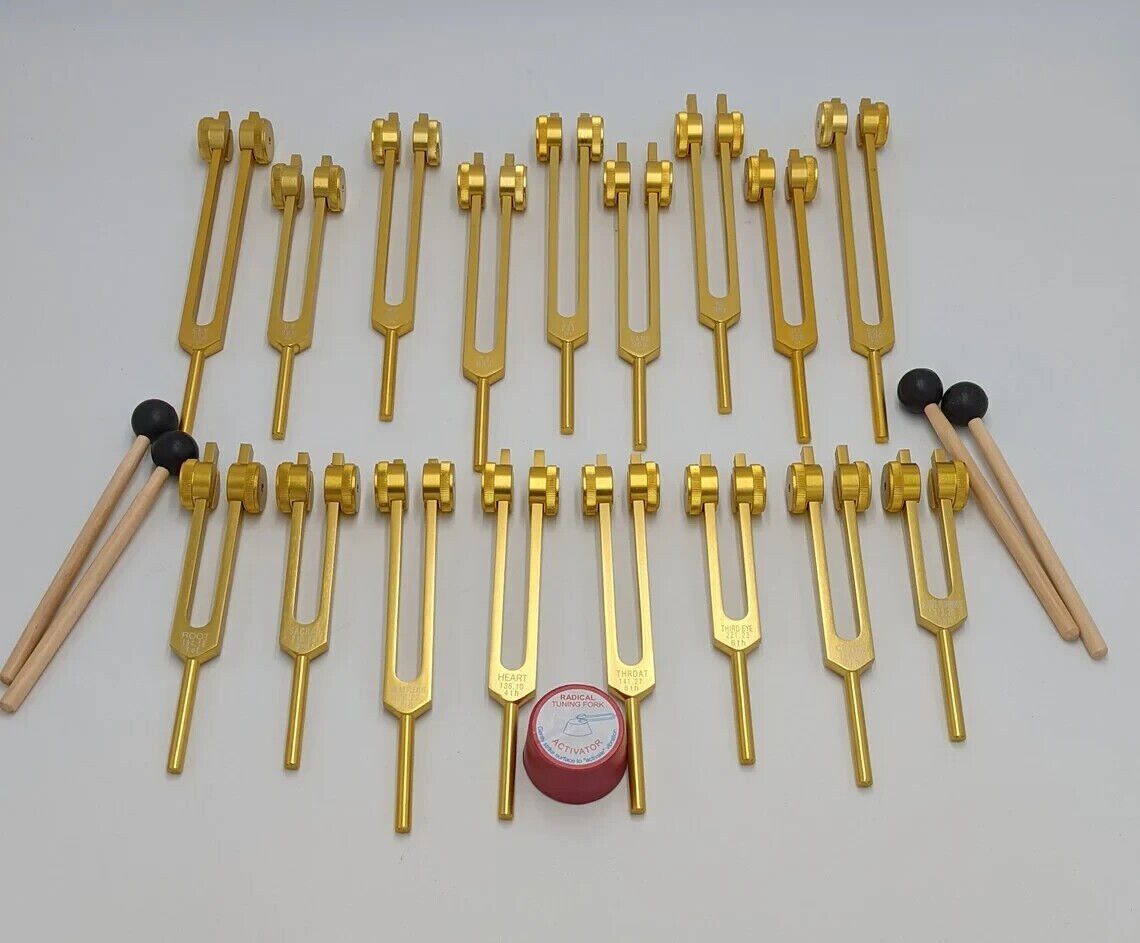 9 Solfeggio and 9 Chakra Gold Weighted Tuning Fork Set Tuned .25Hz SOUND HEALING