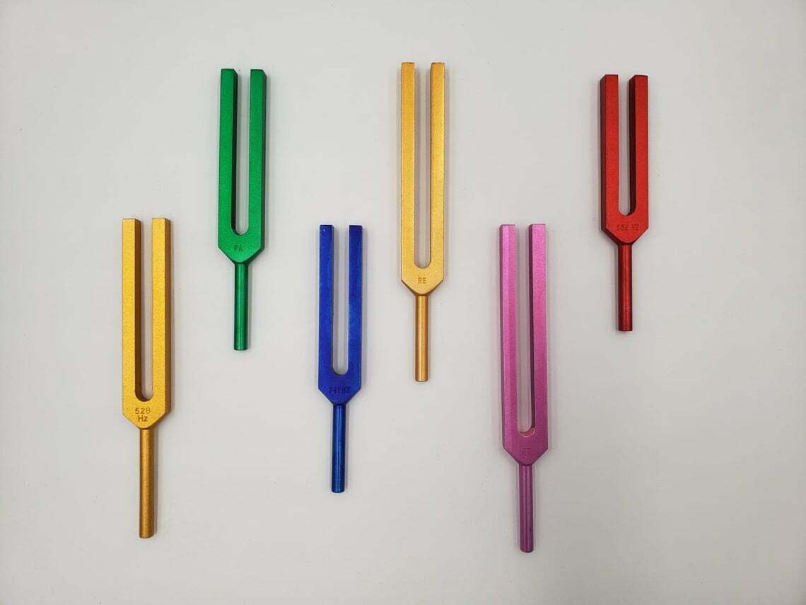 6 Sacred Solfeggio Unweighted Color Tuning Forks with Velvet Bag and Striker - Thecosmicaccess