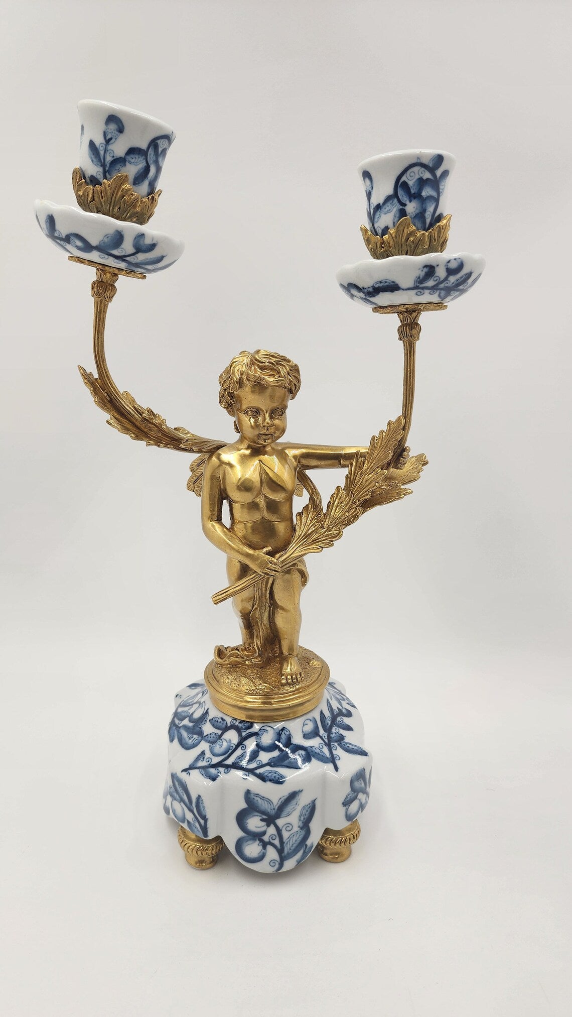 Rare Victorian Era German Porcelain Brass Candelabra - Antique Candlestick Pair - Thecosmicaccess