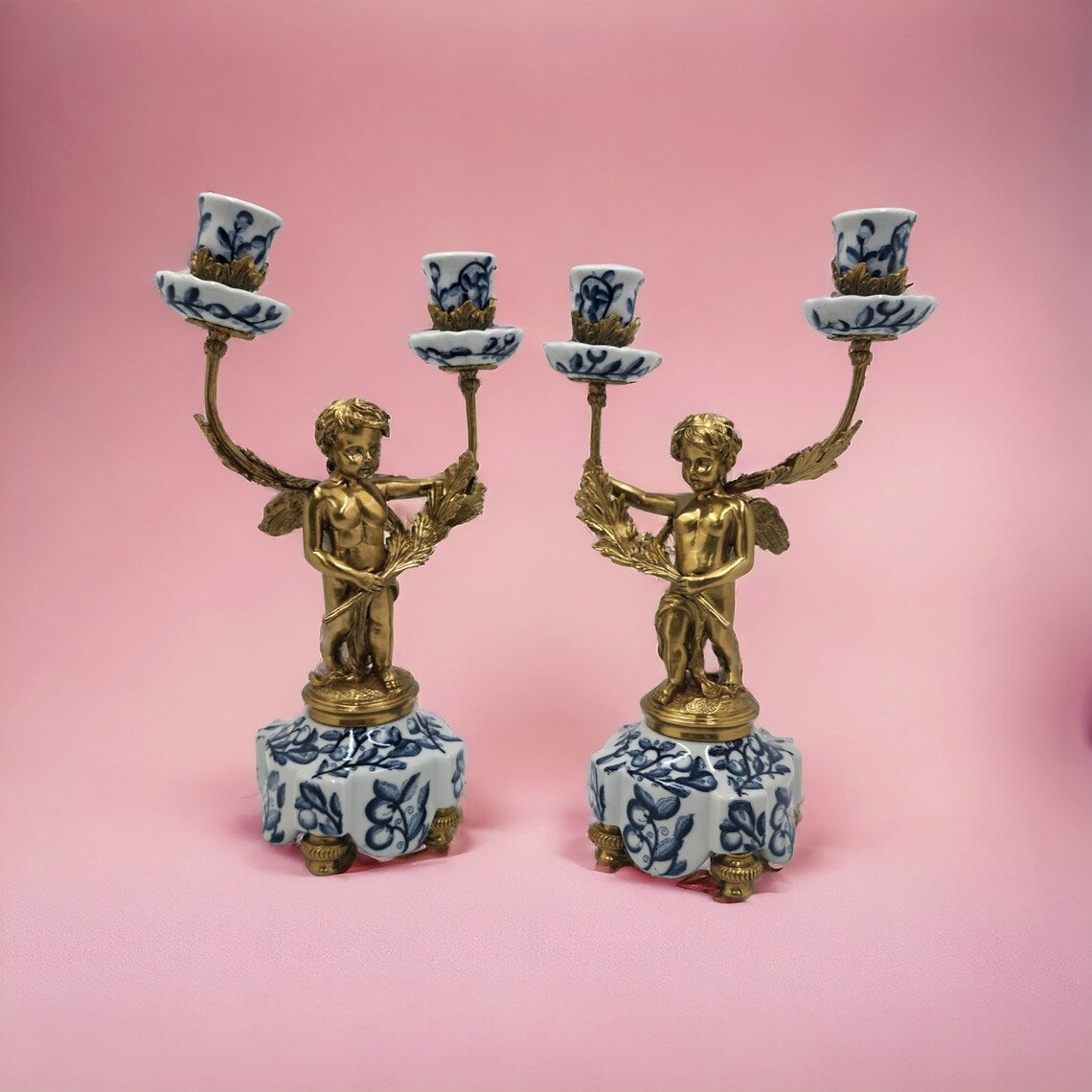 Rare Victorian Era German Porcelain Brass Candelabra - Antique Candlestick Pair - Thecosmicaccess