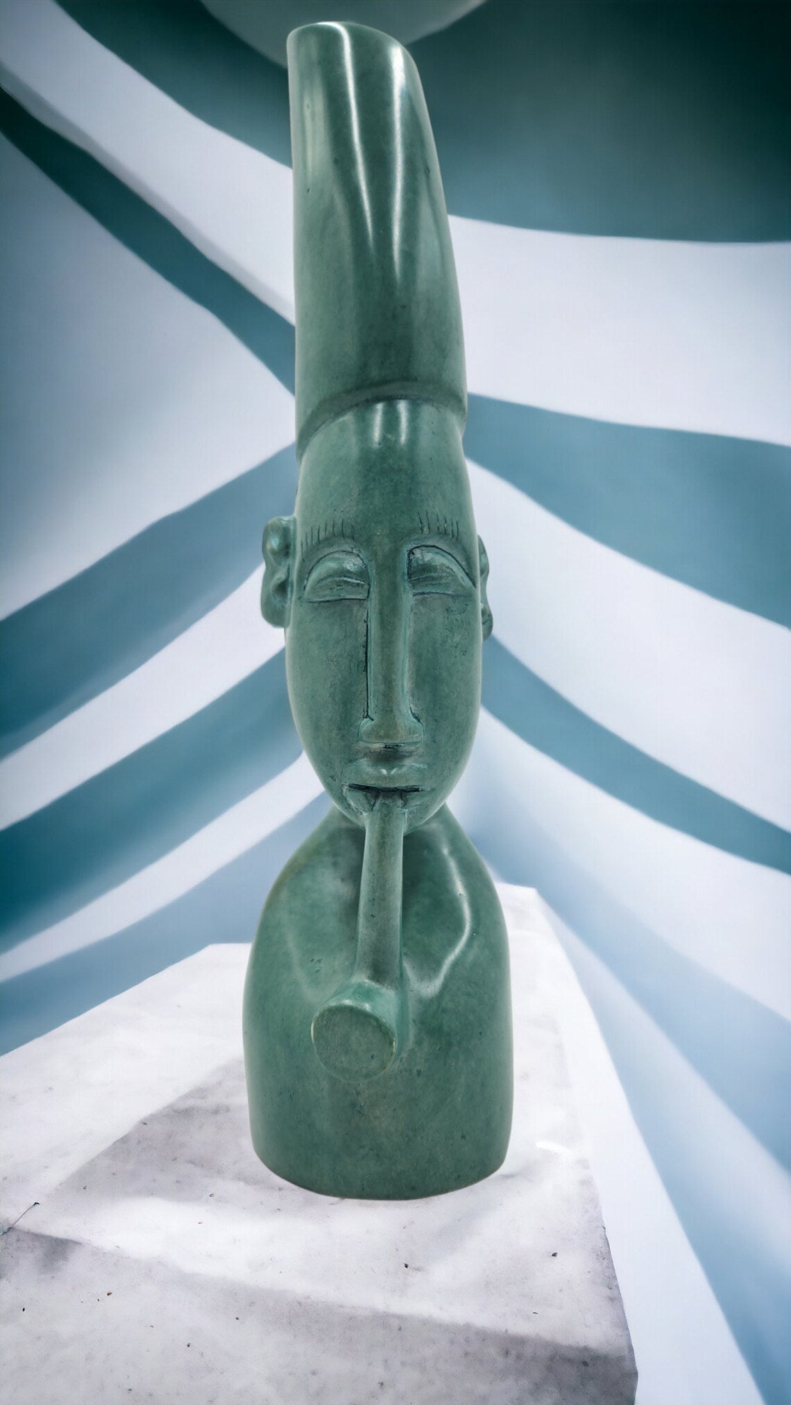 Rare Vintage African Antique Ancestral Heritage King Sculpture Thoughtful Smoking Pipe Green Soap Stone - Thecosmicaccess