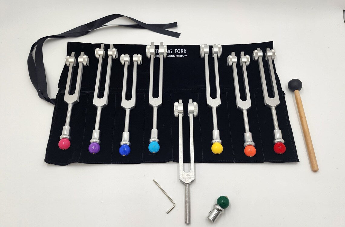 Chakra Tuning Fork Set of 8 Weighted Tuning Forks with Color Coded BUDDHA BEADS - Thecosmicaccess
