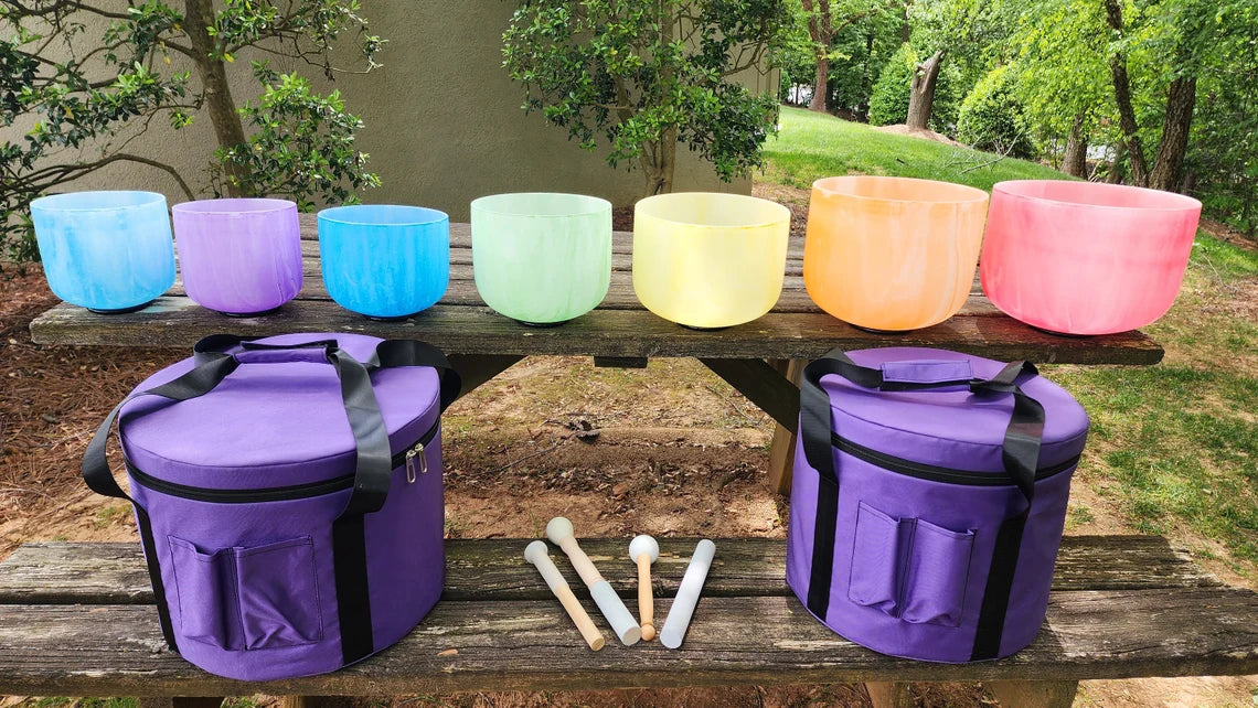 432 Hz Perfect Pitch Tie Dye Crystal Singing Bowls including Striker, O-Ring, Mallet and Padded Secure Case