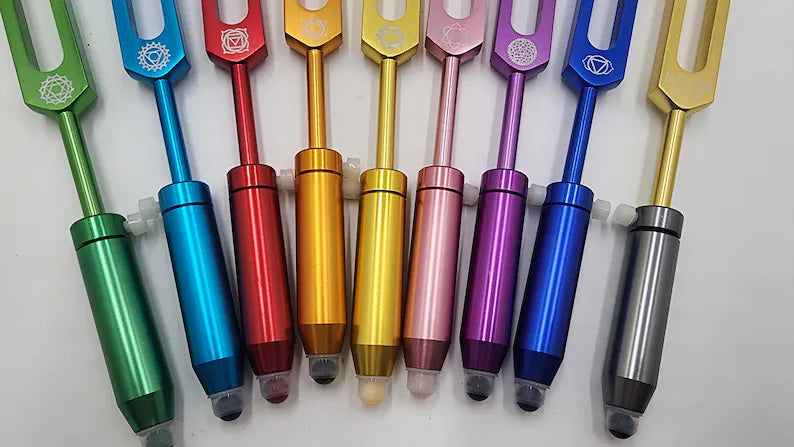 9 Set Chakra - Professionally Tuned .25 Hz Premium Tuning Fork Set, Chakra Printed Bags, Soul Purpose, Earth Star, Biofield, Sound Vibration - Thecosmicaccess