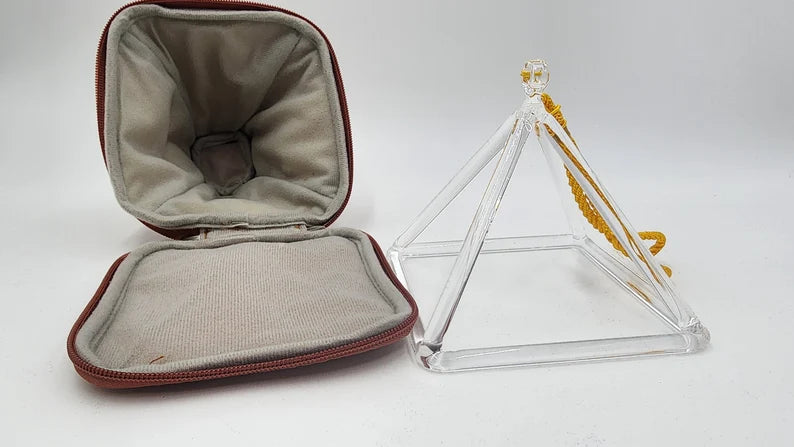 Crystal Singing Pyramid with Faux Leather Tan Color Case - Beautiful Sound Vibrations for Meditation and Relaxation - Thecosmicaccess