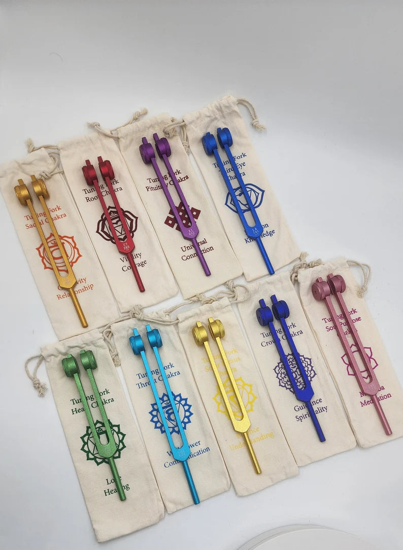 Professionally Tuned 9 Set Solfeggio Frequencies Weighted Color Tuning Fork Set For Vibration Biofield with Striker and Bag - Thecosmicaccess