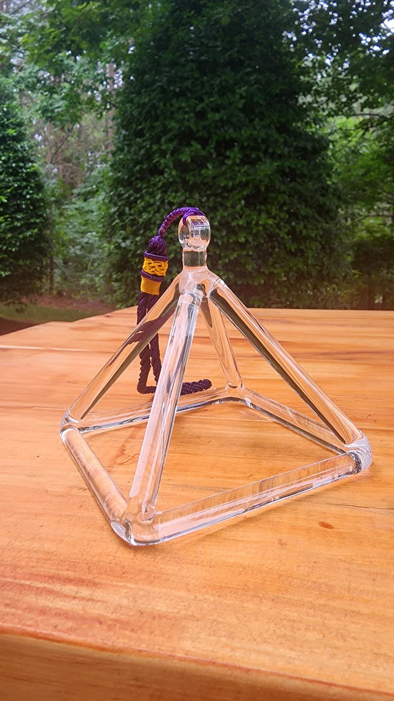 Crystal Singing Pyramid with Faux Leather Tan Color Case - Beautiful Sound Vibrations for Meditation and Relaxation - Thecosmicaccess