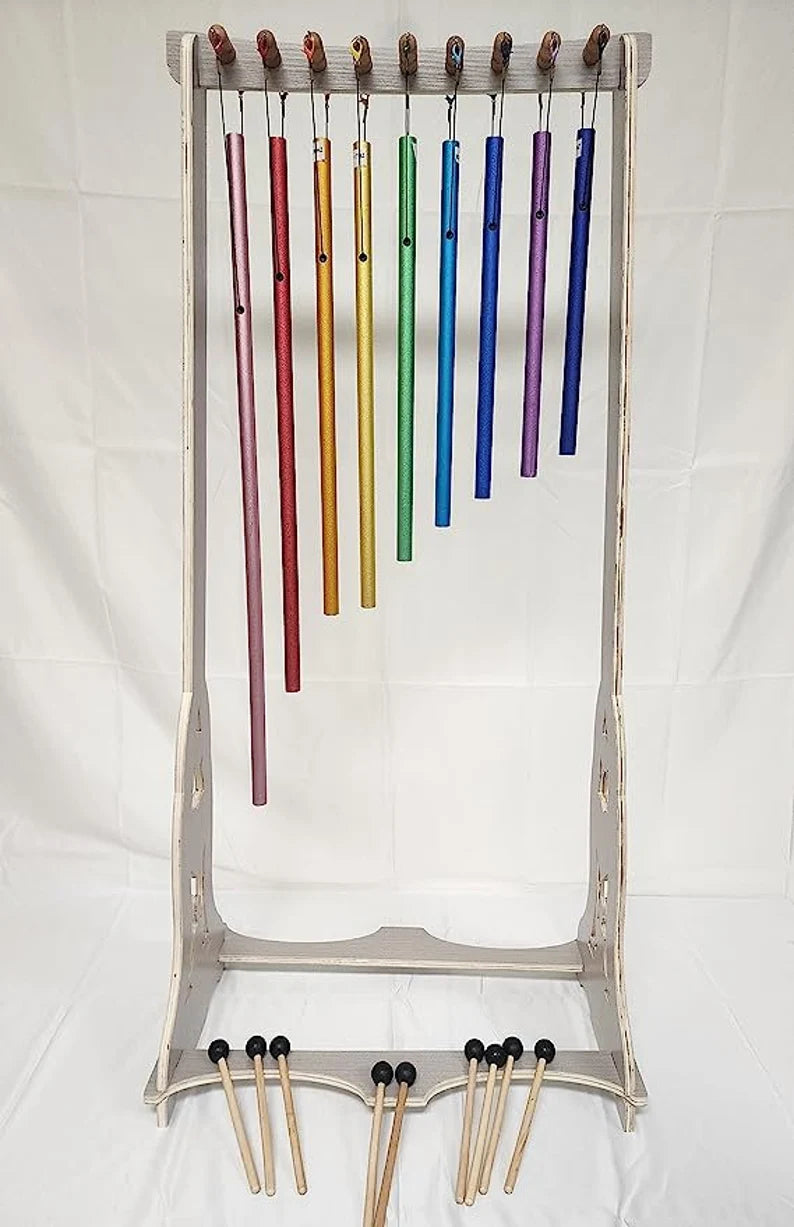 9 Color Sacred Solfeggio Healing Tuned Pipes Louder Than Tuning Fork with Large Wood Stand 9 Mallets and Individual Hand Held Wood Sticks