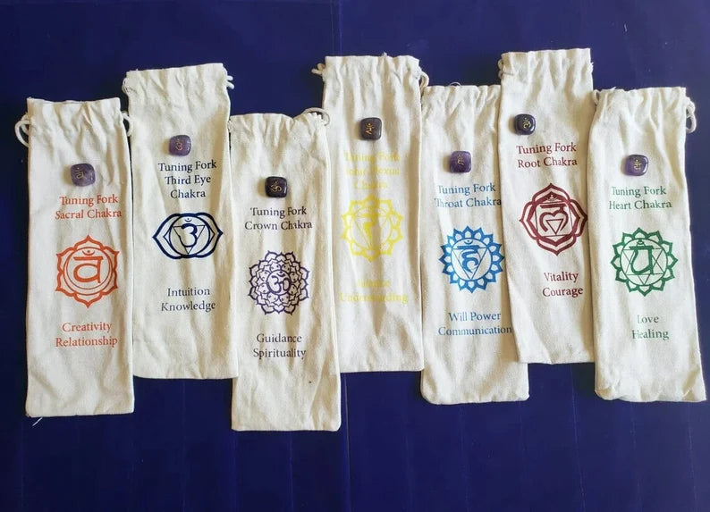 Chakra Gold Color Unweighted Tuning Fork Set with Individual Chakra Marked Bags and Mallet - Thecosmicaccess