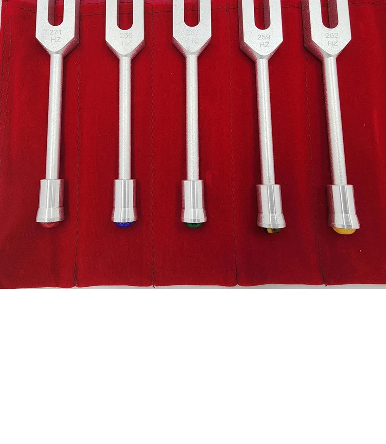 Binaural Brain Unweighted Tuning Fork Set of 5 with GEM FEET and Velvet Bag
