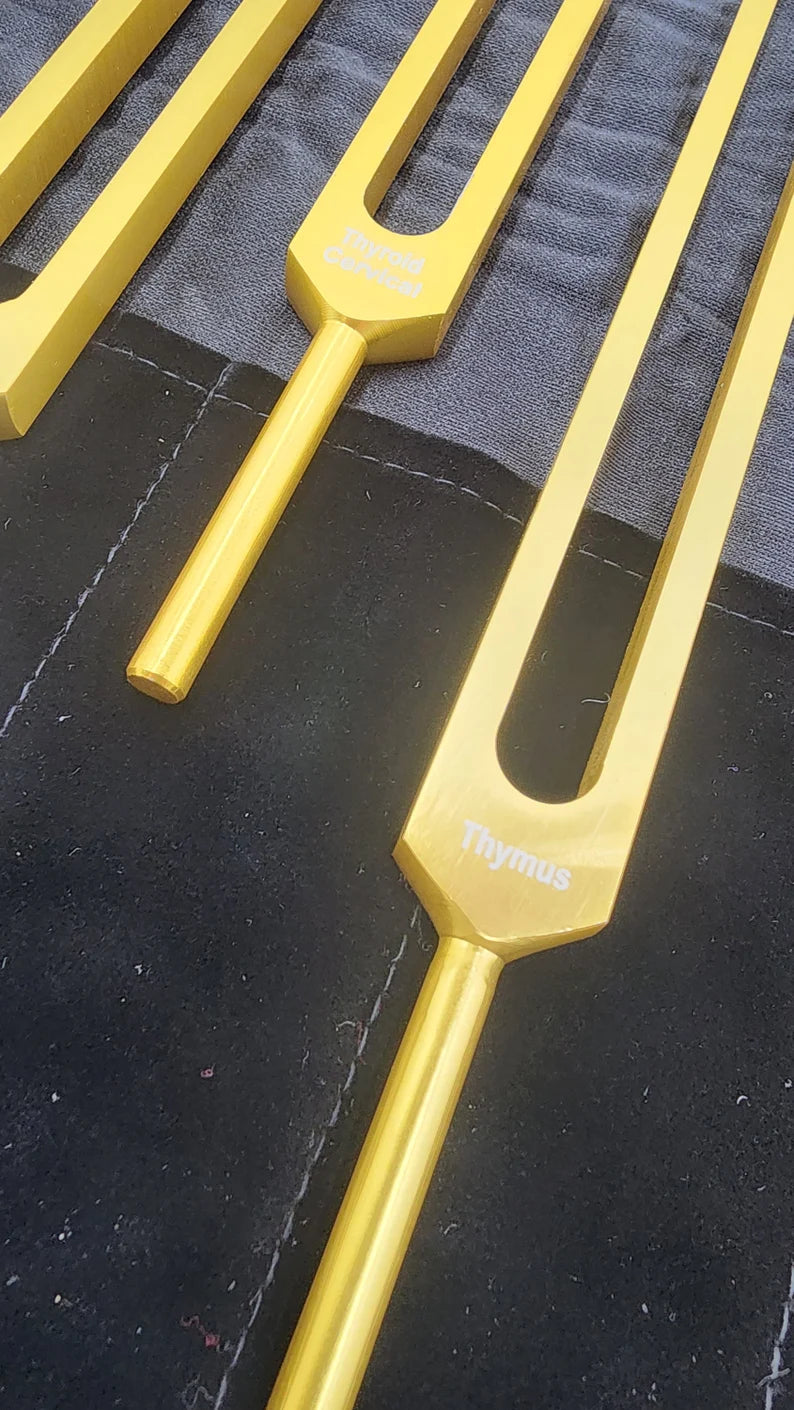 Unweighted Gold Color Endocrine Tuning Fork Set for Hormonal Harmony with Striker and Velvet Bag - Thecosmicaccess