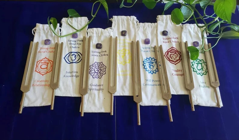 Chakra Gold Color Unweighted Tuning Fork Set with Individual Chakra Marked Bags and Mallet - Thecosmicaccess