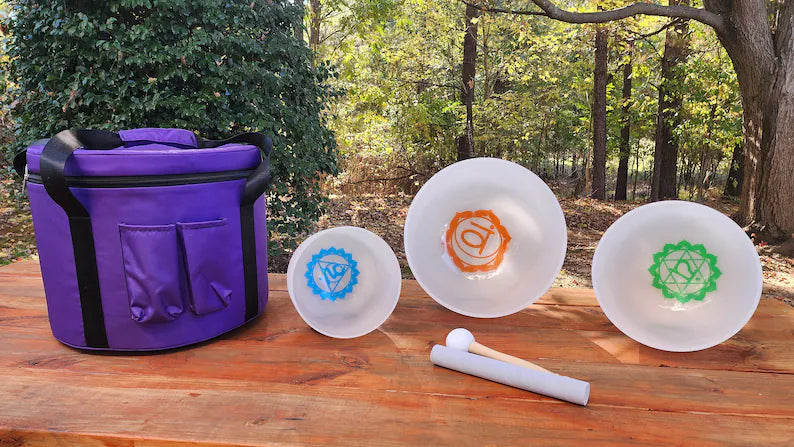 432Hz 11"D 9"F 8"G Set of 3 Inner Chakra Sign Crystal Singing Bowl Set with Padded Secure Case, Strikers, and O-rings