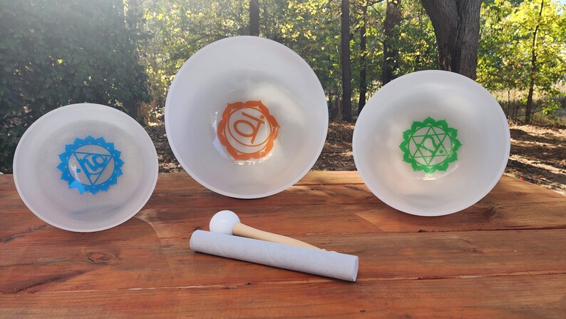 432Hz 11"D 9"F 8"G Set of 3 Inner Chakra Sign Crystal Singing Bowl Set with Padded Secure Case, Strikers, and O-rings