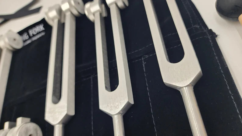 Chakra Tuning Fork Set of 8 Weighted Tuning Forks with Color Coded BUDDHA BEADS - Thecosmicaccess