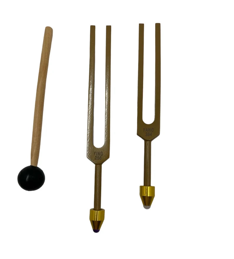 Unweighted Brown Color Ying Yang Tuning Fork Set for Healing C 256Hz and G 384Hz with Removable Buddha Beads Feet, Striker, and Storage Bag