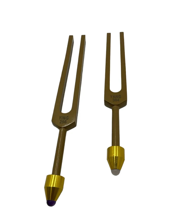 Unweighted Brown Color Ying Yang Tuning Fork Set for Healing C 256Hz and G 384Hz with Removable Buddha Beads Feet, Striker, and Storage Bag