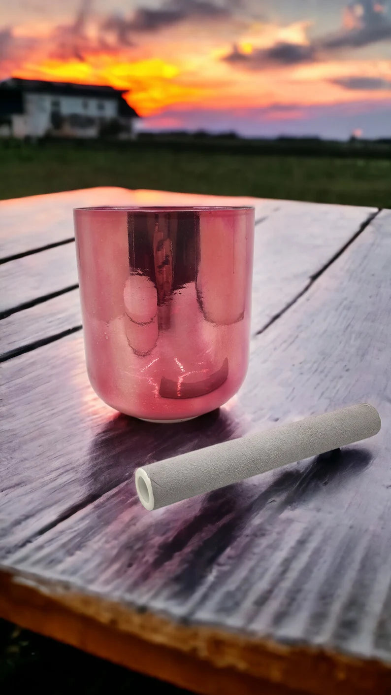 Pink Opal Alchemy 440Hz Chakra E Note Pink Crystal Bowl with Striker and O-ring