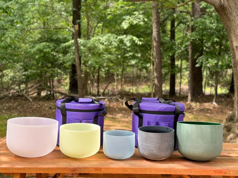 Divine Resonance Complete Set of 5 Gem Fused Crystal Singing Bowls in G#, F#, C#, A#, D# comes with Mallets, O Rings and Padded Secure Case - Thecosmicaccess