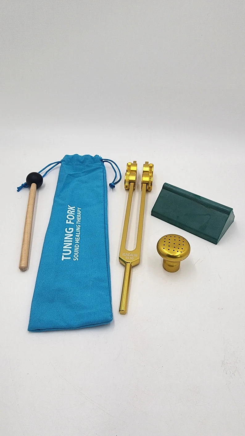 Kundalini Weighted Gold Tuning Fork with Attenuator and Activator includes Bag and Striker for Awakening Tantric Yoga Healing