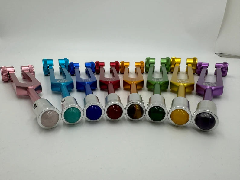 Chakra Tuning Forks Set of 8 with Gem Feet Extensions for Healing Comes with Individual bags and Strikers