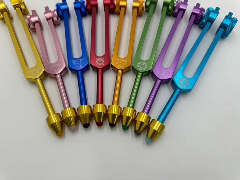 Chakra Tuning Forks Set of 8 with Gem Feet Extensions for Healing Comes with Individual bags and Strikers