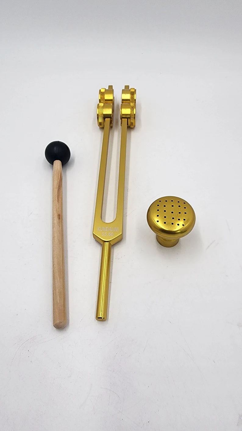 Kundalini Weighted Gold Tuning Fork with Attenuator and Activator includes Bag and Striker for Awakening Tantric Yoga Healing