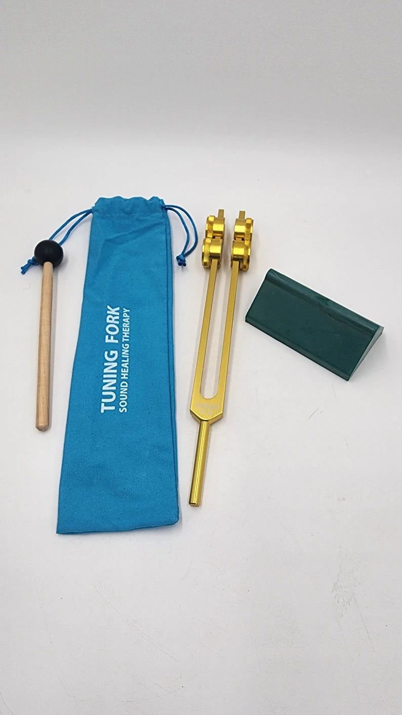 Kundalini Weighted Gold Tuning Fork with Attenuator and Activator includes Bag and Striker for Awakening Tantric Yoga Healing