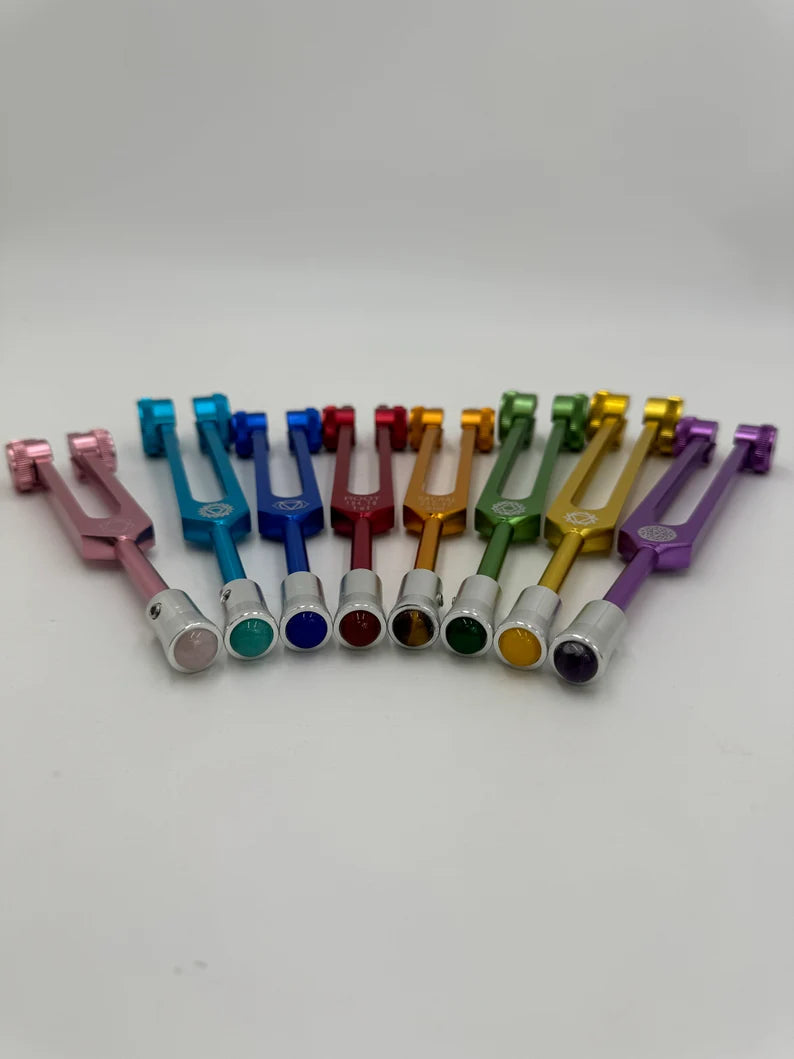 Chakra Tuning Forks Set of 8 with Gem Feet Extensions for Healing Comes with Individual bags and Strikers