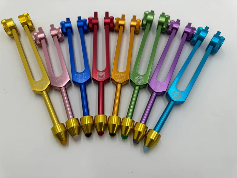 Chakra Tuning Forks Set of 8 with Gem Feet Extensions for Healing Comes with Individual bags and Strikers