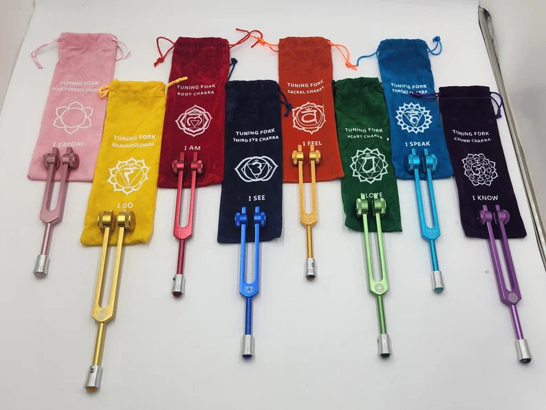 Chakra Tuning Forks Set of 8 with Gem Feet Extensions for Healing Comes with Individual bags and Strikers