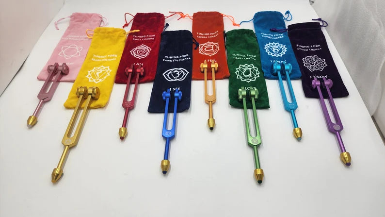 Chakra Tuning Forks Set of 8 with Gem Feet Extensions for Healing Comes with Individual bags and Strikers
