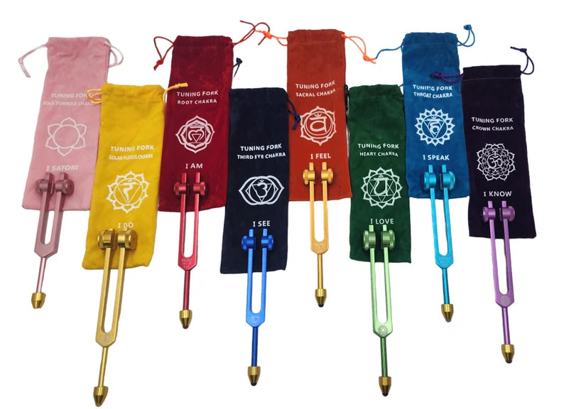 Chakra Tuning Forks Set of 8 with Gem Feet Extensions for Healing Comes with Individual bags and Strikers