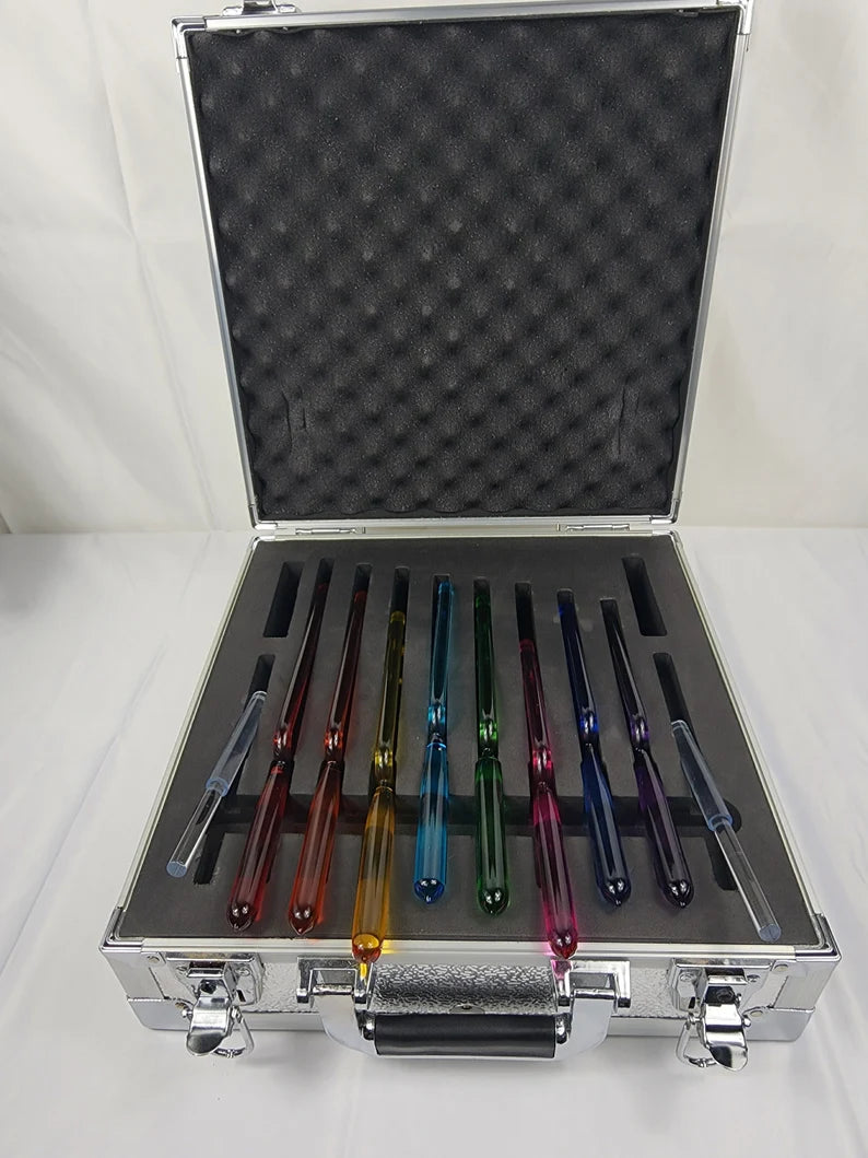 Chakra Crystal Tuning Fork Set of 8 - 16mm, C, D, E, F, G, A, B and High C Soul Purpose with Metal Carry Case - Crystal Sound Vibration