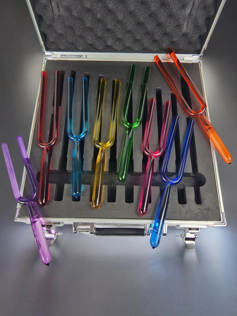 Chakra Crystal Tuning Fork Set of 8 - 16mm, C, D, E, F, G, A, B and High C Soul Purpose with Metal Carry Case - Crystal Sound Vibration