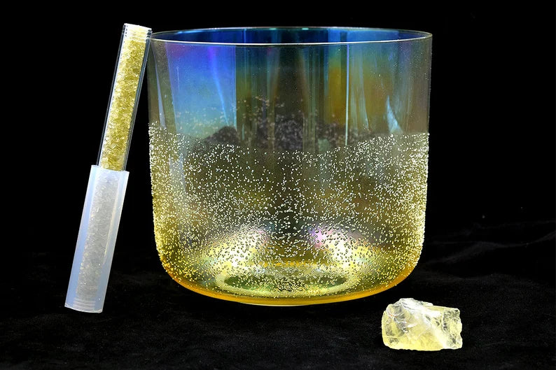 432hz Rare Gem Infused Set of 7 Chakra Crystal Singing Bowls Set Moldavite, Citrine, Amazonite, Pink Tourmaline, Lapis Lazuli and Selenite