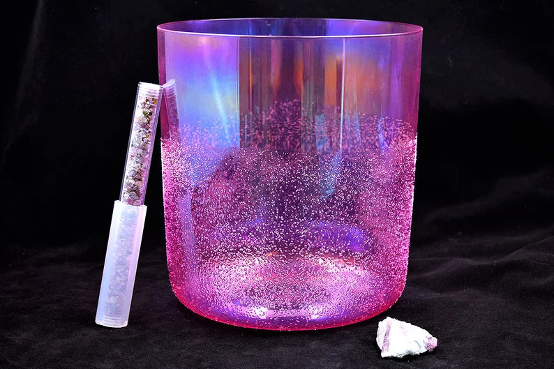 432hz Rare Gem Infused Set of 7 Chakra Crystal Singing Bowls Set Moldavite, Citrine, Amazonite, Pink Tourmaline, Lapis Lazuli and Selenite