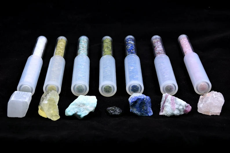 432hz Rare Gem Infused Set of 7 Chakra Crystal Singing Bowls Set Moldavite, Citrine, Amazonite, Pink Tourmaline, Lapis Lazuli and Selenite