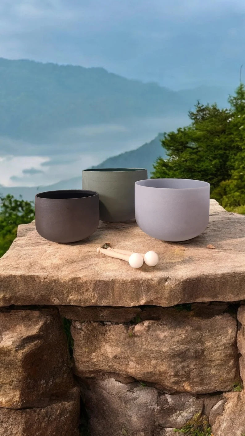 Gem Fused Solfeggio Crystal Singing Bowl 3 Set - 741Hz, 852Hz, 963Hz with Padded Secure Case, Strikers, and O-rings - Sizes 10" to 14"