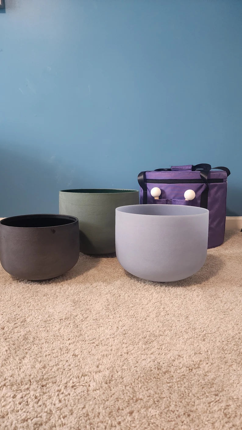 Gem Fused Solfeggio Crystal Singing Bowl 3 Set - 741Hz, 852Hz, 963Hz with Padded Secure Case, Strikers, and O-rings - Sizes 10" to 14"