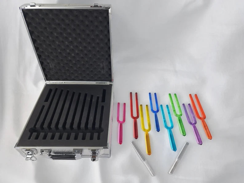 Chakra Crystal Tuning Fork Set of 8 - 16mm, C, D, E, F, G, A, B and High C Soul Purpose with Metal Carry Case - Crystal Sound Vibration