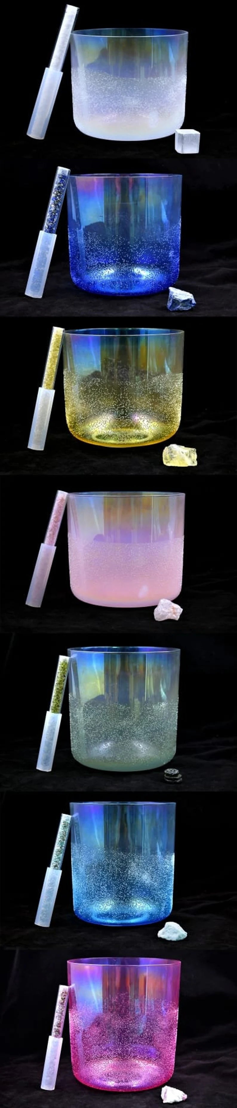 432hz Rare Gem Infused Set of 7 Chakra Crystal Singing Bowls Set Moldavite, Citrine, Amazonite, Pink Tourmaline, Lapis Lazuli and Selenite