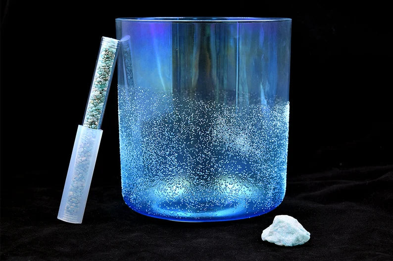 432hz Rare Gem Infused Set of 7 Chakra Crystal Singing Bowls Set Moldavite, Citrine, Amazonite, Pink Tourmaline, Lapis Lazuli and Selenite