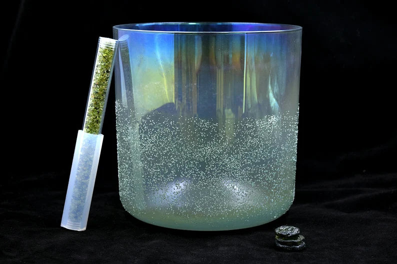 432hz Rare Gem Infused Set of 7 Chakra Crystal Singing Bowls Set Moldavite, Citrine, Amazonite, Pink Tourmaline, Lapis Lazuli and Selenite
