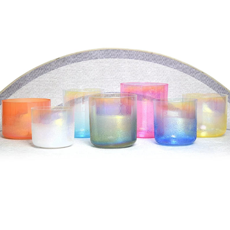 432hz Rare Gem Infused Set of 7 Chakra Crystal Singing Bowls Set Moldavite, Citrine, Amazonite, Pink Tourmaline, Lapis Lazuli and Selenite