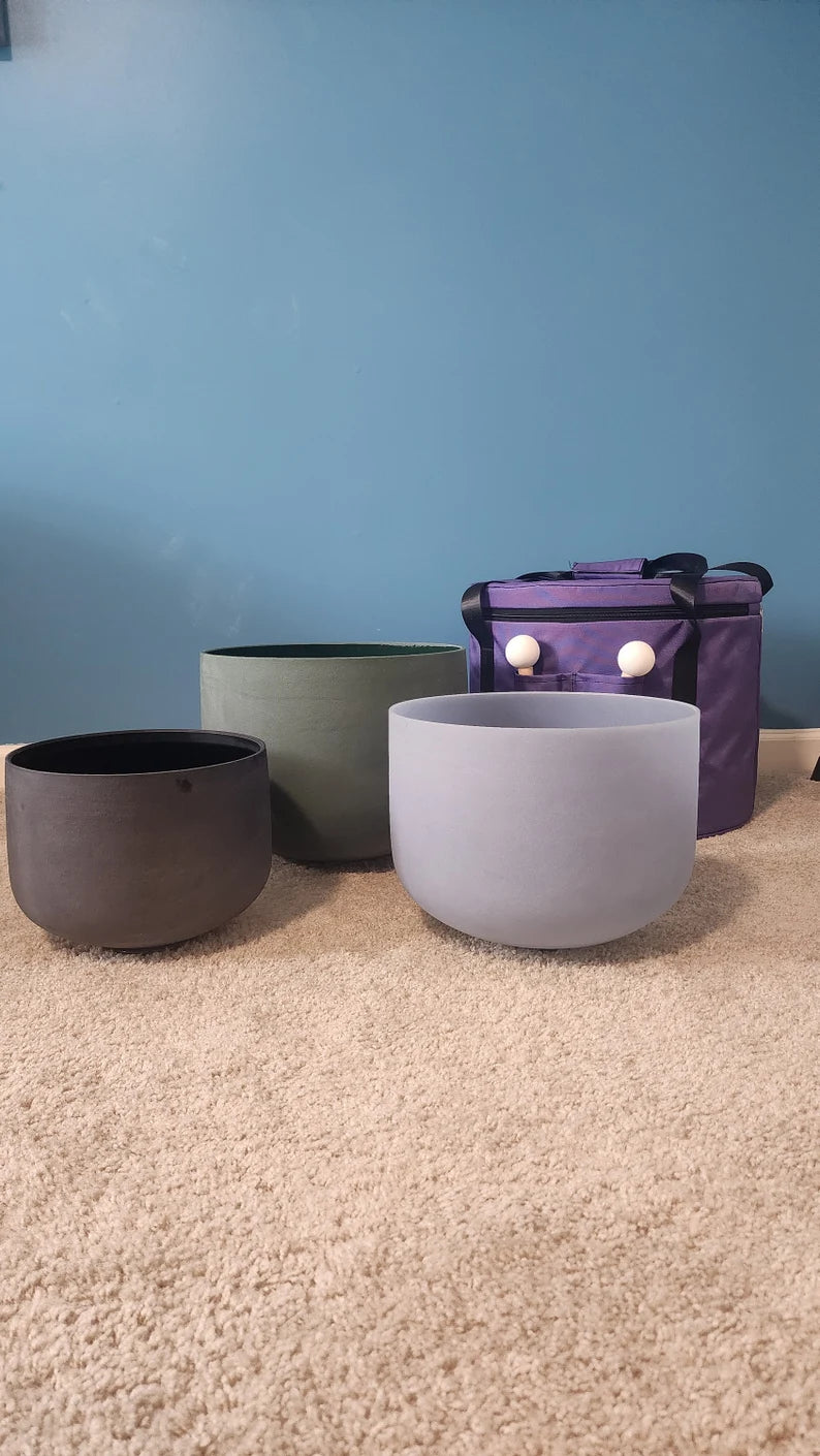 Gem Fused Solfeggio Crystal Singing Bowl 3 Set - 741Hz, 852Hz, 963Hz with Padded Secure Case, Strikers, and O-rings - Sizes 10" to 14"